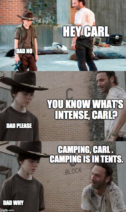 Rick and Carl 3 Meme | HEY CARL DAD NO YOU KNOW WHAT'S INTENSE, CARL? DAD PLEASE CAMPING, CARL . CAMPING IS IN TENTS. DAD WHY | image tagged in memes,rick and carl 3,HeyCarl | made w/ Imgflip meme maker