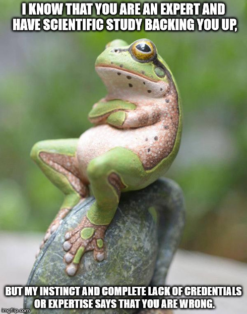 Smug Frog | I KNOW THAT YOU ARE AN EXPERT AND HAVE SCIENTIFIC STUDY BACKING YOU UP, BUT MY INSTINCT AND COMPLETE LACK OF CREDENTIALS OR EXPERTISE SAYS T | image tagged in smug frog | made w/ Imgflip meme maker