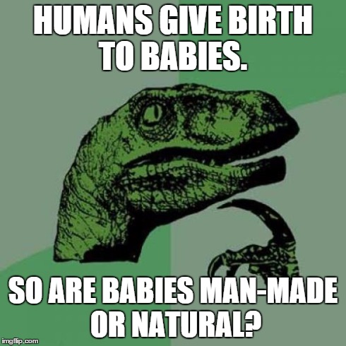 Philosoraptor | HUMANS GIVE BIRTH TO BABIES. SO ARE BABIES MAN-MADE OR NATURAL? | image tagged in memes,philosoraptor | made w/ Imgflip meme maker
