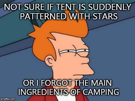 Futurama Fry Meme | NOT SURE IF TENT IS SUDDENLY PATTERNED WITH STARS OR I FORGOT THE MAIN INGREDIENTS OF CAMPING | image tagged in memes,futurama fry | made w/ Imgflip meme maker