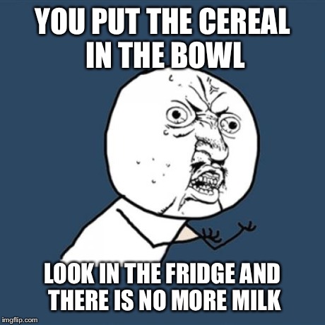 Y U No Meme | YOU PUT THE CEREAL IN THE BOWL LOOK IN THE FRIDGE AND THERE IS NO MORE MILK | image tagged in memes,y u no | made w/ Imgflip meme maker