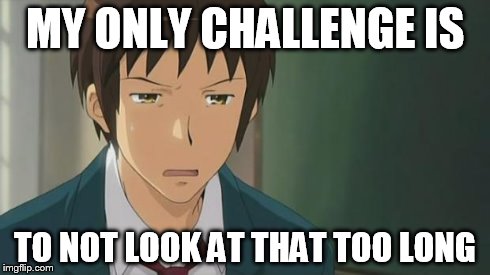 Kyon WTF | MY ONLY CHALLENGE IS TO NOT LOOK AT THAT TOO LONG | image tagged in kyon wtf | made w/ Imgflip meme maker