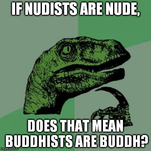 Philosoraptor | IF NUDISTS ARE NUDE, DOES THAT MEAN BUDDHISTS ARE BUDDH? | image tagged in memes,philosoraptor | made w/ Imgflip meme maker