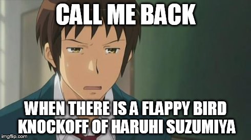 Kyon WTF | CALL ME BACK WHEN THERE IS A FLAPPY BIRD KNOCKOFF OF HARUHI SUZUMIYA | image tagged in kyon wtf | made w/ Imgflip meme maker