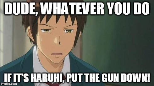 Kyon WTF | DUDE, WHATEVER YOU DO IF IT'S HARUHI, PUT THE GUN DOWN! | image tagged in kyon wtf | made w/ Imgflip meme maker