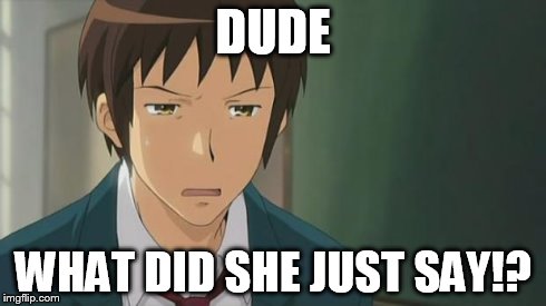 Kyon WTF | DUDE WHAT DID SHE JUST SAY!? | image tagged in kyon wtf | made w/ Imgflip meme maker