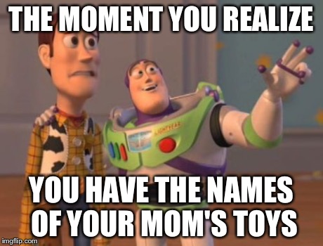 X, X Everywhere Meme | THE MOMENT YOU REALIZE YOU HAVE THE NAMES OF YOUR MOM'S TOYS | image tagged in memes,x x everywhere | made w/ Imgflip meme maker