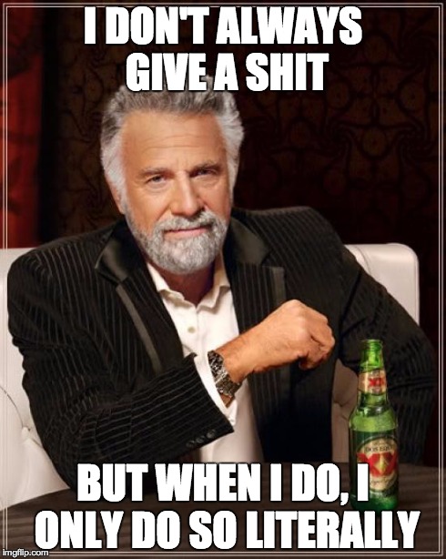 The Most Interesting Man In The World Meme | I DON'T ALWAYS GIVE A SHIT BUT WHEN I DO, I ONLY DO SO LITERALLY | image tagged in memes,the most interesting man in the world | made w/ Imgflip meme maker