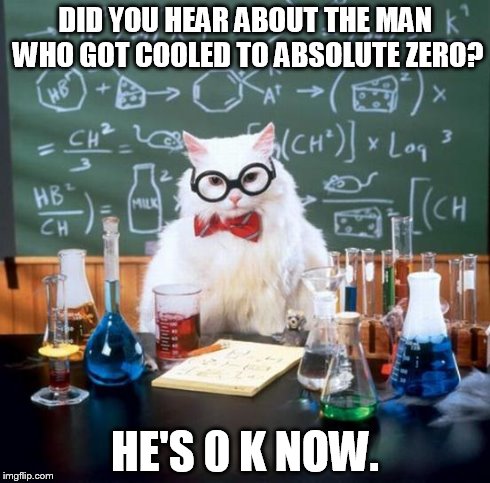 Chemistry Cat Meme | DID YOU HEAR ABOUT THE MAN WHO GOT COOLED TO ABSOLUTE ZERO? HE'S 0 K NOW. | image tagged in memes,chemistry cat,0 kelvin,science cat,cat | made w/ Imgflip meme maker