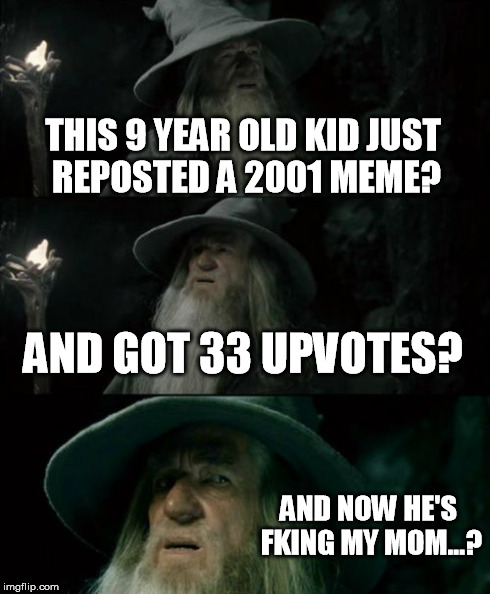 Confused Gandalf Meme | THIS 9 YEAR OLD KID JUST REPOSTED A 2001 MEME? AND GOT 33 UPVOTES? AND NOW HE'S FKING MY MOM...? | image tagged in memes,confused gandalf | made w/ Imgflip meme maker