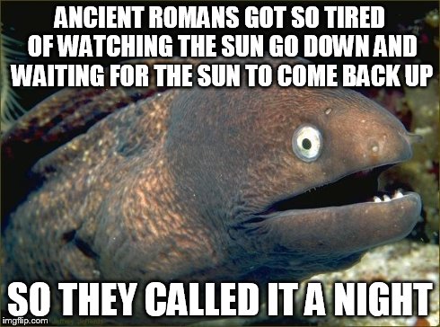 ANCIENT ROMANS GOT SO TIRED OF WATCHING THE SUN GO DOWN AND WAITING FOR THE SUN TO COME BACK UP SO THEY CALLED IT A NIGHT | image tagged in bad joke eel | made w/ Imgflip meme maker