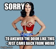 WonderWoman | SORRY TO ANSWER THE DOOR LIKE THIS - JUST CAME BACK FROM WORK | image tagged in wonderwoman | made w/ Imgflip meme maker