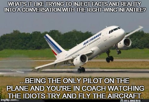 plane | WHAT'S IT LIKE TRYING TO INJECT FACTS AND REALITY INTO A CONVERSATION WITH THE RIGHT-WING INFANTILE? ...BEING THE ONLY PILOT ON THE PLANE AN | image tagged in plane | made w/ Imgflip meme maker