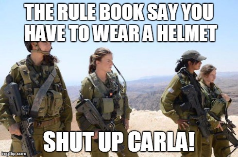 THE RULE BOOK SAY YOU HAVE TO WEAR A HELMET SHUT UP CARLA! | image tagged in carla and friends | made w/ Imgflip meme maker
