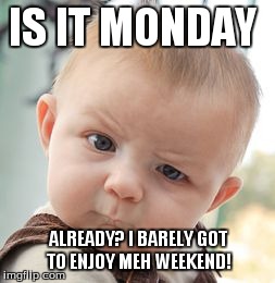 Skeptical Baby Meme | IS IT MONDAY ALREADY? I BARELY GOT TO ENJOY MEH WEEKEND! | image tagged in memes,skeptical baby | made w/ Imgflip meme maker
