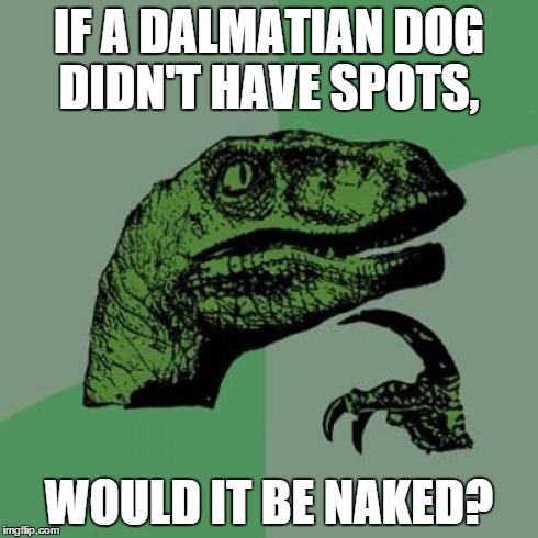 Philosoraptor Meme | IF A DALMATIAN DOG DIDN'T HAVE SPOTS, WOULD IT BE NAKED? | image tagged in memes,philosoraptor | made w/ Imgflip meme maker