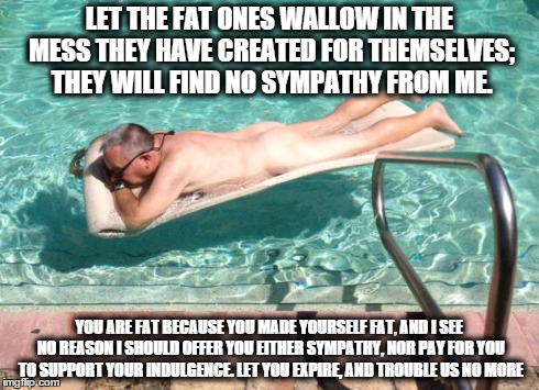LET THE FAT ONES WALLOW IN THE MESS THEY HAVE CREATED FOR THEMSELVES; THEY WILL FIND NO SYMPATHY FROM ME. YOU ARE FAT BECAUSE YOU MADE YOURS | made w/ Imgflip meme maker