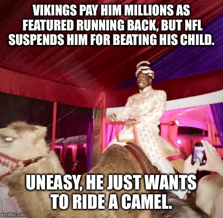 Adrian Peterson Camel | VIKINGS PAY HIM MILLIONS AS FEATURED RUNNING BACK, BUT NFL SUSPENDS HIM FOR BEATING HIS CHILD. UNEASY, HE JUST WANTS TO RIDE A CAMEL. | image tagged in adrian peterson camel | made w/ Imgflip meme maker