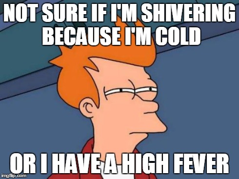 Futurama Fry Meme | NOT SURE IF I'M SHIVERING BECAUSE I'M COLD OR I HAVE A HIGH FEVER | image tagged in memes,futurama fry | made w/ Imgflip meme maker