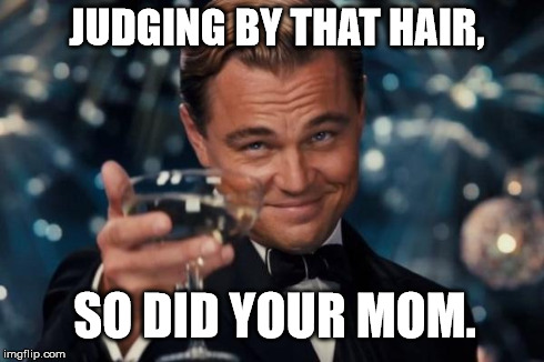 Leonardo Dicaprio Cheers Meme | JUDGING BY THAT HAIR, SO DID YOUR MOM. | image tagged in memes,leonardo dicaprio cheers | made w/ Imgflip meme maker