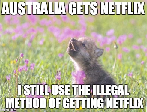 Baby Insanity Wolf Meme | AUSTRALIA GETS NETFLIX I STILL USE THE ILLEGAL METHOD OF GETTING NETFLIX | image tagged in memes,baby insanity wolf | made w/ Imgflip meme maker