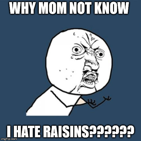 Y U No Meme | WHY MOM NOT KNOW I HATE RAISINS?????? | image tagged in memes,y u no | made w/ Imgflip meme maker