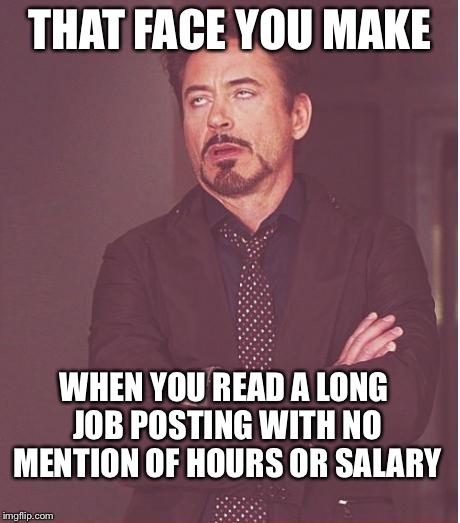 Face You Make Robert Downey Jr Meme | THAT FACE YOU MAKE WHEN YOU READ A LONG JOB POSTING WITH NO MENTION OF HOURS OR SALARY | image tagged in memes,face you make robert downey jr | made w/ Imgflip meme maker