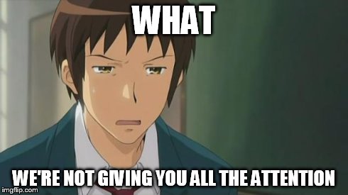 Kyon WTF | WHAT WE'RE NOT GIVING YOU ALL THE ATTENTION | image tagged in kyon wtf | made w/ Imgflip meme maker
