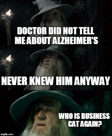 Confused Gandalf | DOCTOR DID NOT TELL ME ABOUT ALZHEIMER'S NEVER KNEW HIM ANYWAY WHO IS BUSINESS CAT AGAIN? | image tagged in memes,confused gandalf | made w/ Imgflip meme maker