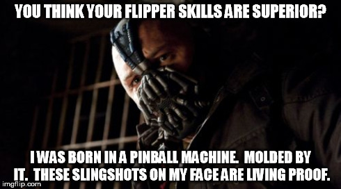 Permission Bane | YOU THINK YOUR FLIPPER SKILLS ARE SUPERIOR? I WAS BORN IN A PINBALL MACHINE.  MOLDED BY IT.  THESE SLINGSHOTS ON MY FACE ARE LIVING PROOF. | image tagged in memes,permission bane | made w/ Imgflip meme maker