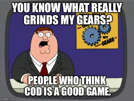 Peter Griffin News | YOU KNOW WHAT REALLY GRINDS MY GEARS? PEOPLE WHO THINK COD IS A GOOD GAME. | image tagged in memes,peter griffin news | made w/ Imgflip meme maker