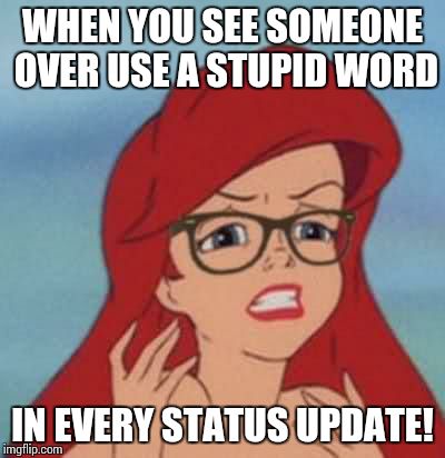 Hipster Ariel Meme | WHEN YOU SEE SOMEONE OVER USE A STUPID WORD IN EVERY STATUS UPDATE! | image tagged in memes,hipster ariel | made w/ Imgflip meme maker