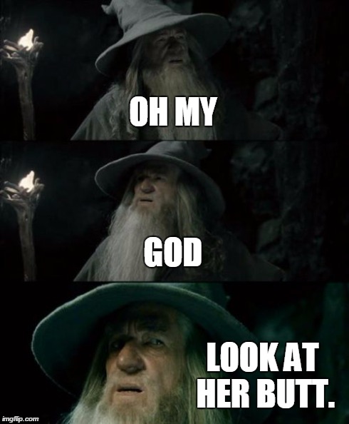 Confused Gandalf Meme | OH MY GOD LOOK AT HER BUTT. | image tagged in memes,confused gandalf | made w/ Imgflip meme maker