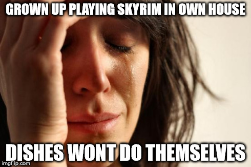 First World Problems Meme | GROWN UP PLAYING SKYRIM IN OWN HOUSE DISHES WONT DO THEMSELVES | image tagged in memes,first world problems | made w/ Imgflip meme maker