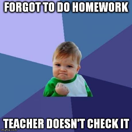 Success Kid | FORGOT TO DO HOMEWORK TEACHER DOESN'T CHECK IT | image tagged in memes,success kid | made w/ Imgflip meme maker