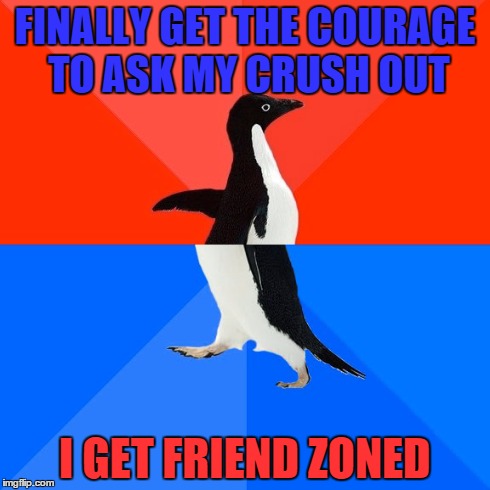 Socially Awesome Awkward Penguin Meme | FINALLY GET THE COURAGE TO ASK MY CRUSH OUT I GET FRIEND ZONED | image tagged in memes,socially awesome awkward penguin | made w/ Imgflip meme maker