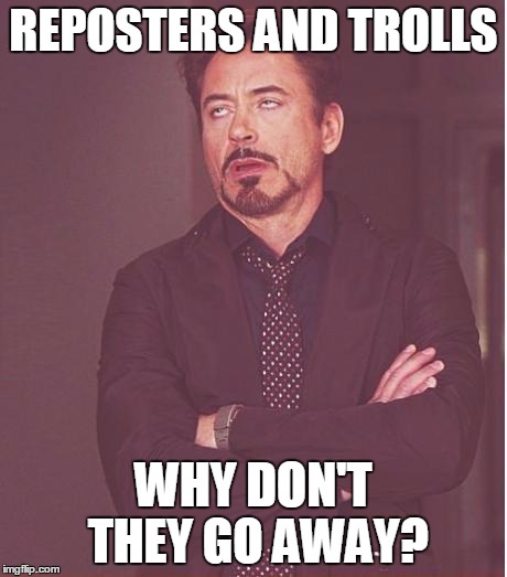 Face You Make Robert Downey Jr Meme | REPOSTERS AND TROLLS WHY DON'T THEY GO AWAY? | image tagged in memes,face you make robert downey jr | made w/ Imgflip meme maker