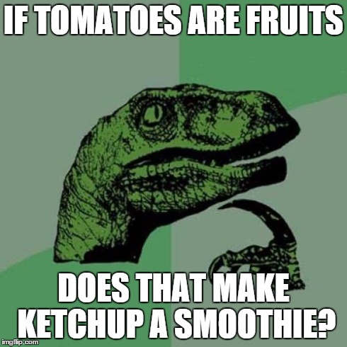 Philosoraptor | IF TOMATOES ARE FRUITS DOES THAT MAKE KETCHUP A SMOOTHIE? | image tagged in memes,philosoraptor | made w/ Imgflip meme maker