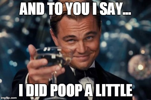 Leonardo Dicaprio Cheers | AND TO YOU I SAY... I DID POOP A LITTLE | image tagged in memes,leonardo dicaprio cheers | made w/ Imgflip meme maker