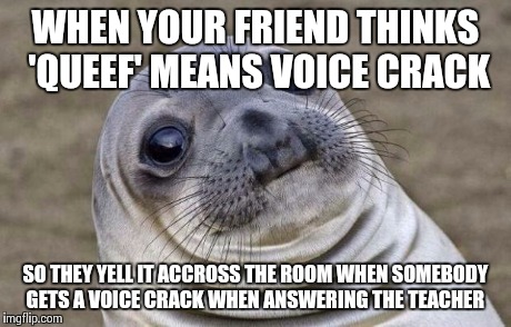 Awkward Moment Sealion Meme | WHEN YOUR FRIEND THINKS 'QUEEF' MEANS VOICE CRACK SO THEY YELL IT ACCROSS THE ROOM WHEN SOMEBODY GETS A VOICE CRACK WHEN ANSWERING THE TEACH | image tagged in memes,awkward moment sealion,nsfw | made w/ Imgflip meme maker