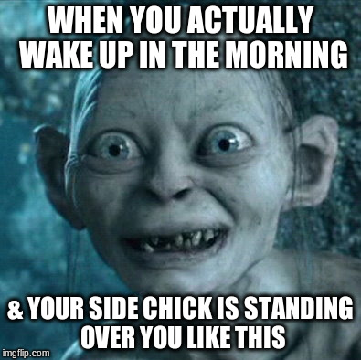 Gollum Meme | WHEN YOU ACTUALLY WAKE UP IN THE MORNING & YOUR SIDE CHICK IS STANDING OVER YOU LIKE THIS | image tagged in memes,gollum | made w/ Imgflip meme maker