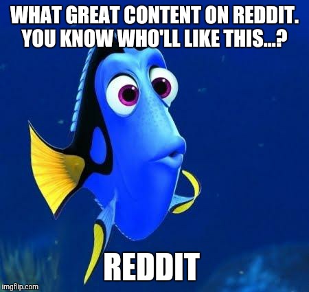 dory | WHAT GREAT CONTENT ON REDDIT. YOU KNOW WHO'LL LIKE THIS...? REDDIT | image tagged in dory,AdviceAnimals | made w/ Imgflip meme maker