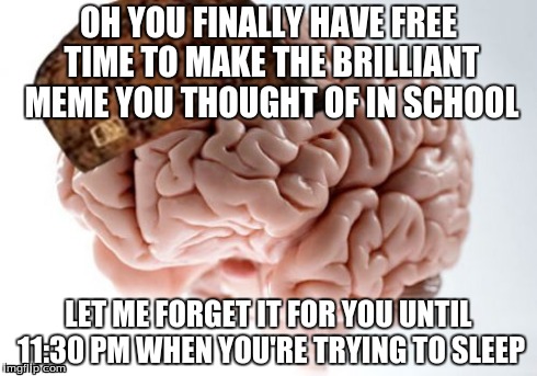 Scumbag Brain | OH YOU FINALLY HAVE FREE TIME TO MAKE THE BRILLIANT MEME YOU THOUGHT OF IN SCHOOL LET ME FORGET IT FOR YOU UNTIL 11:30 PM WHEN YOU'RE TRYING | image tagged in memes,scumbag brain | made w/ Imgflip meme maker