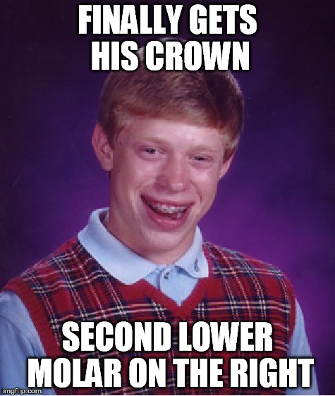 Bad Luck Brian Meme | FINALLY GETS HIS CROWN SECOND LOWER MOLAR ON THE RIGHT | image tagged in memes,bad luck brian | made w/ Imgflip meme maker