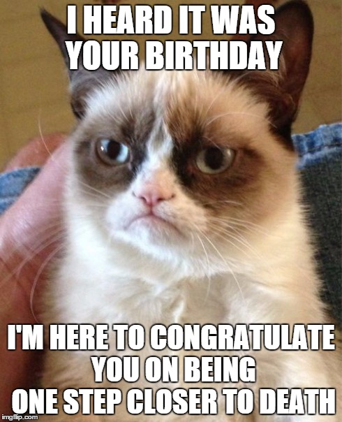 Grumpy Cat | I HEARD IT WAS YOUR BIRTHDAY I'M HERE TO CONGRATULATE YOU ON BEING ONE STEP CLOSER TO DEATH | image tagged in memes,grumpy cat | made w/ Imgflip meme maker