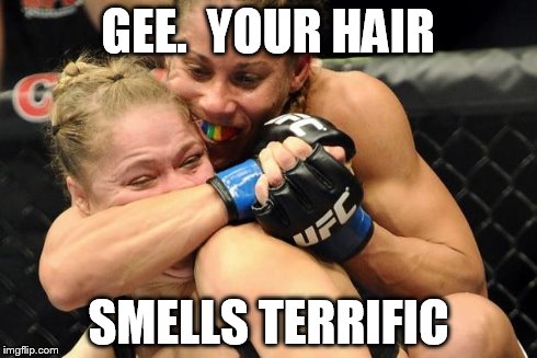 GEE.  YOUR HAIR SMELLS TERRIFIC | image tagged in rowdy fans | made w/ Imgflip meme maker
