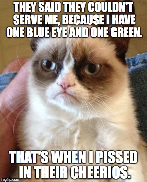 Grumpy Cat Meme | THEY SAID THEY COULDN'T SERVE ME, BECAUSE I HAVE ONE BLUE EYE AND ONE GREEN. THAT'S WHEN I PISSED IN THEIR CHEERIOS. | image tagged in memes,grumpy cat | made w/ Imgflip meme maker