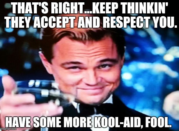 Socially Delusional | THAT'S RIGHT...KEEP THINKIN' THEY ACCEPT AND RESPECT YOU. HAVE SOME MORE KOOL-AID, FOOL. | image tagged in sell-outs | made w/ Imgflip meme maker