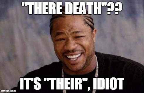 Yo Dawg Heard You Meme | "THERE DEATH"?? IT'S "THEIR", IDIOT | image tagged in memes,yo dawg heard you | made w/ Imgflip meme maker