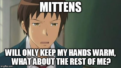 Kyon WTF | MITTENS WILL ONLY KEEP MY HANDS WARM, WHAT ABOUT THE REST OF ME? | image tagged in kyon wtf | made w/ Imgflip meme maker